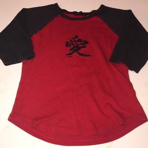 Grey and red 3 quarter sleeve “LOVE” graffic tee